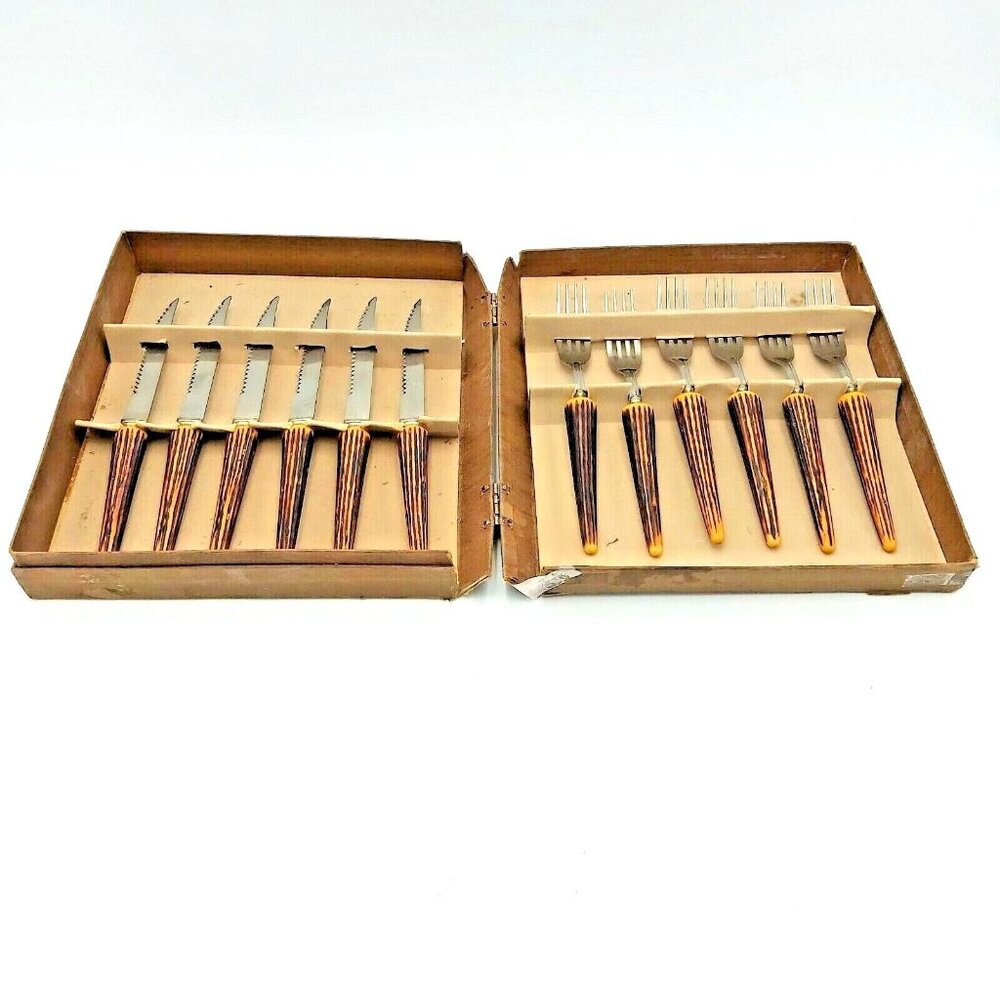 Crown Sheffield Master Cutler Knife & Fork Set | Faux Stag Handles in Box-VTG
